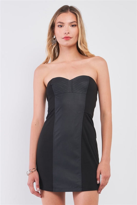 Black Sleeveless Strapless Faux Leather Insert Trim Sweetheart Neck Bodycon Mini Dres - Cherry Angel