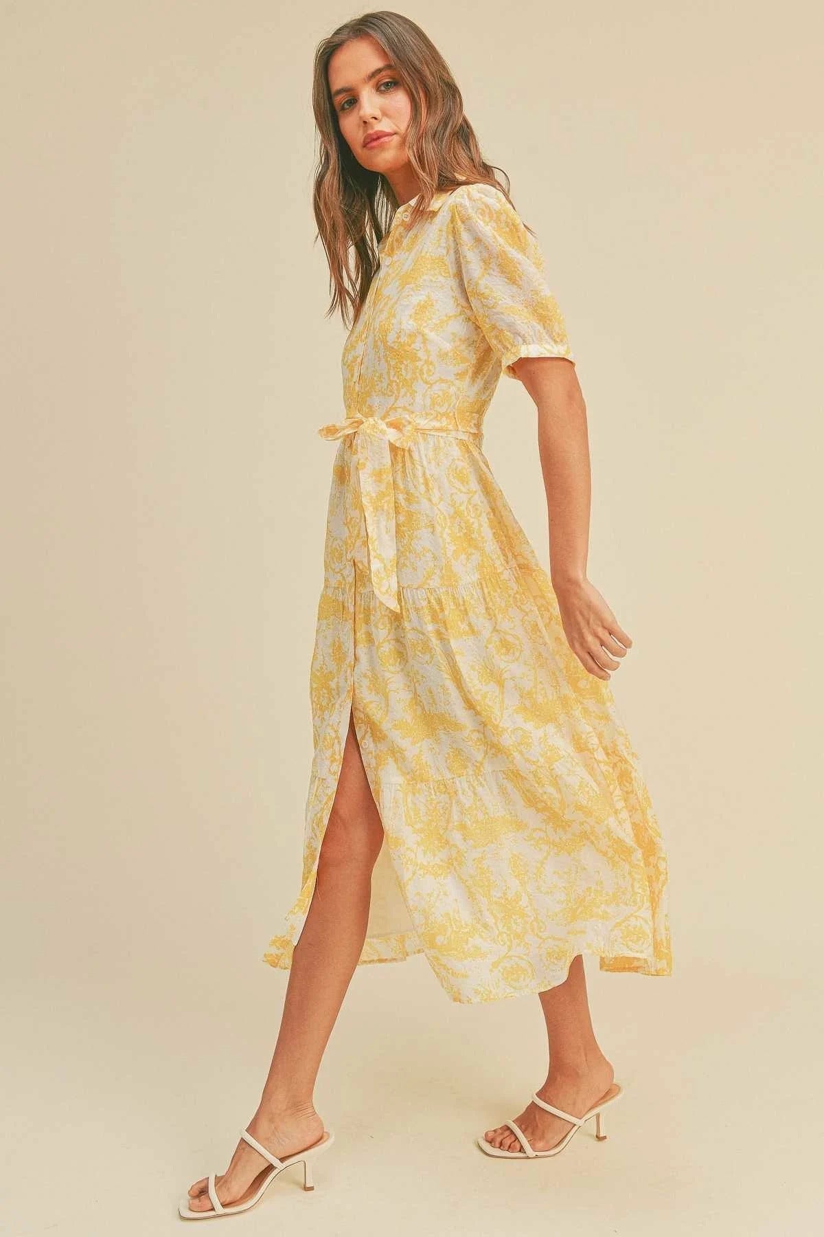 Button closure waist belt puff sleeve dress - Cherry Angel