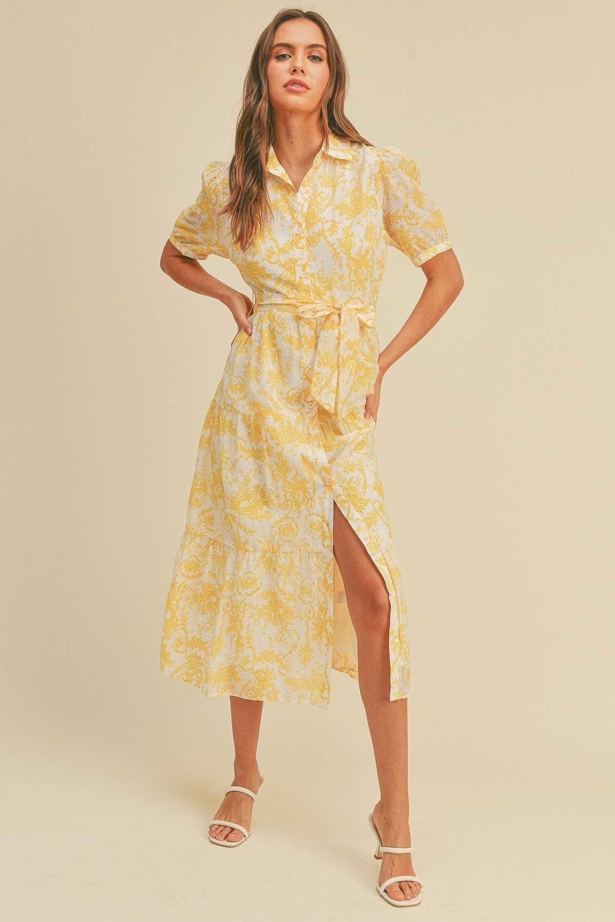 Button closure waist belt puff sleeve dress - Cherry Angel