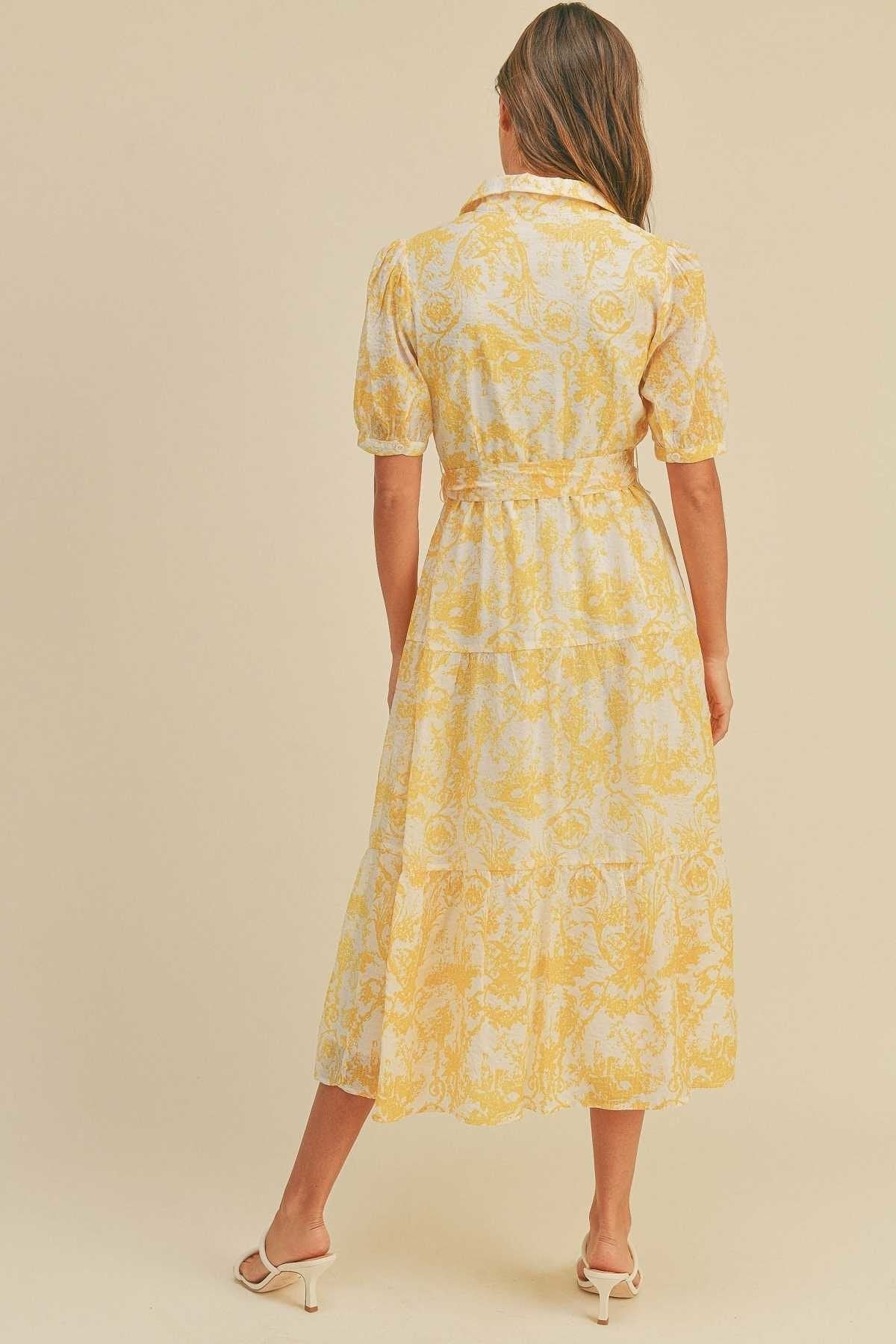 Button closure waist belt puff sleeve dress - Cherry Angel