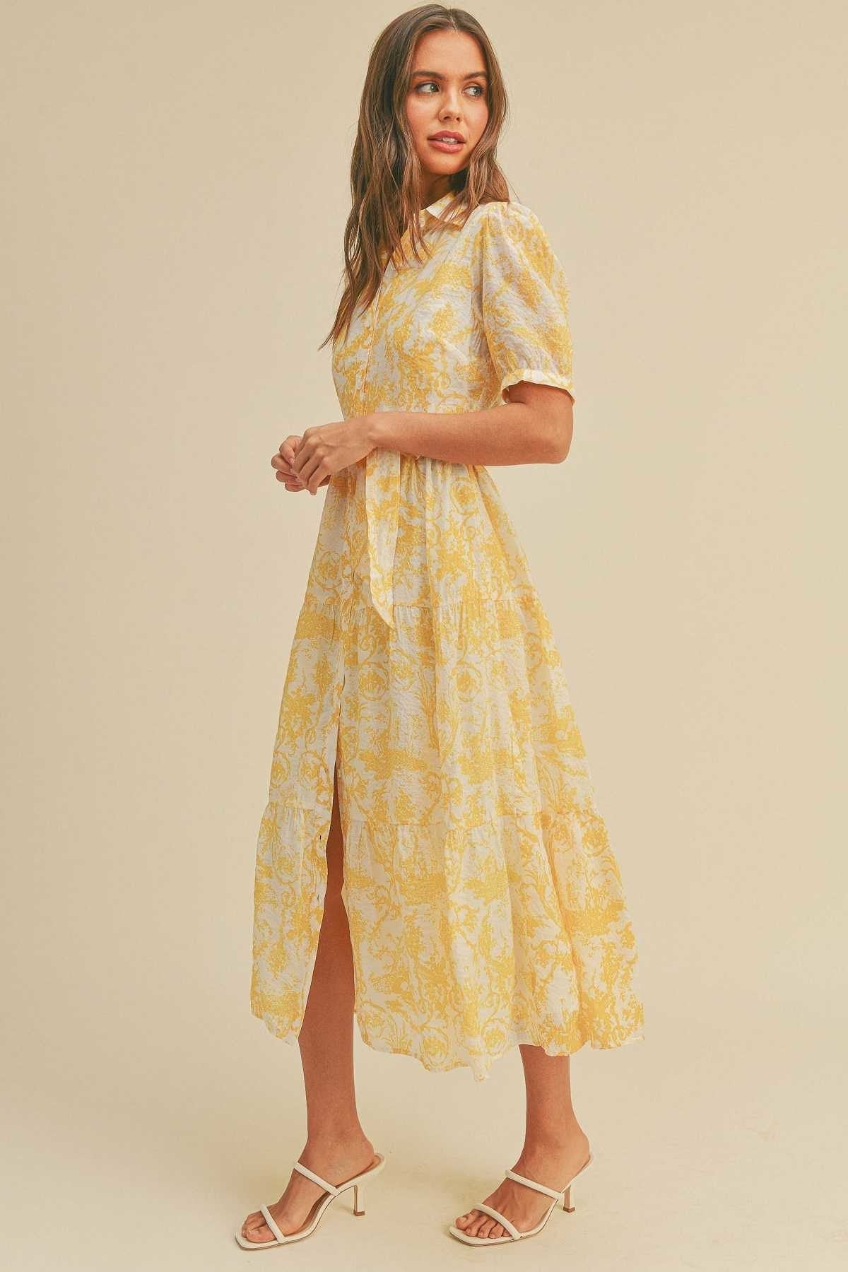 Button closure waist belt puff sleeve dress - Cherry Angel