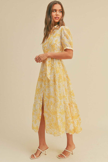Button closure waist belt puff sleeve dress - Cherry Angel