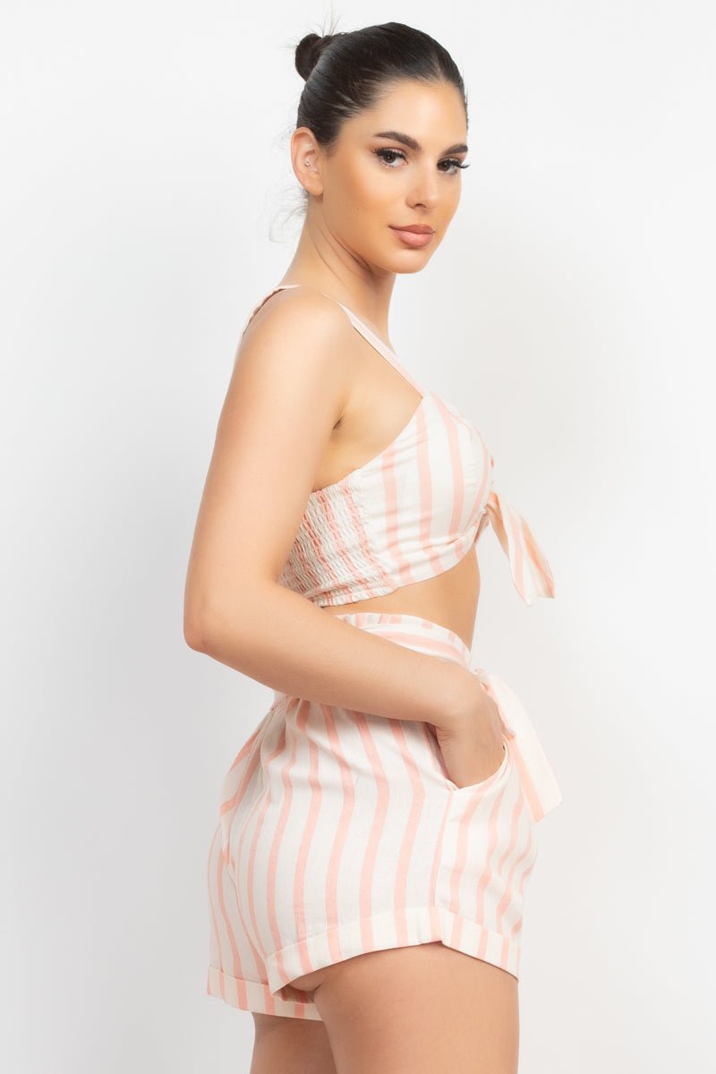 Cotton Tie-front Striped Crop Top & Belted Shorts Set - Cherry Angel