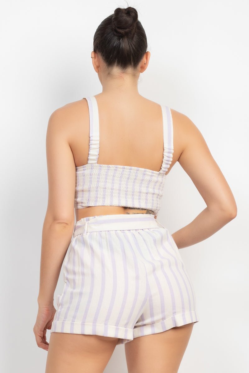 Cotton Tie-front Striped Crop Top & Belted Shorts Set - Cherry Angel