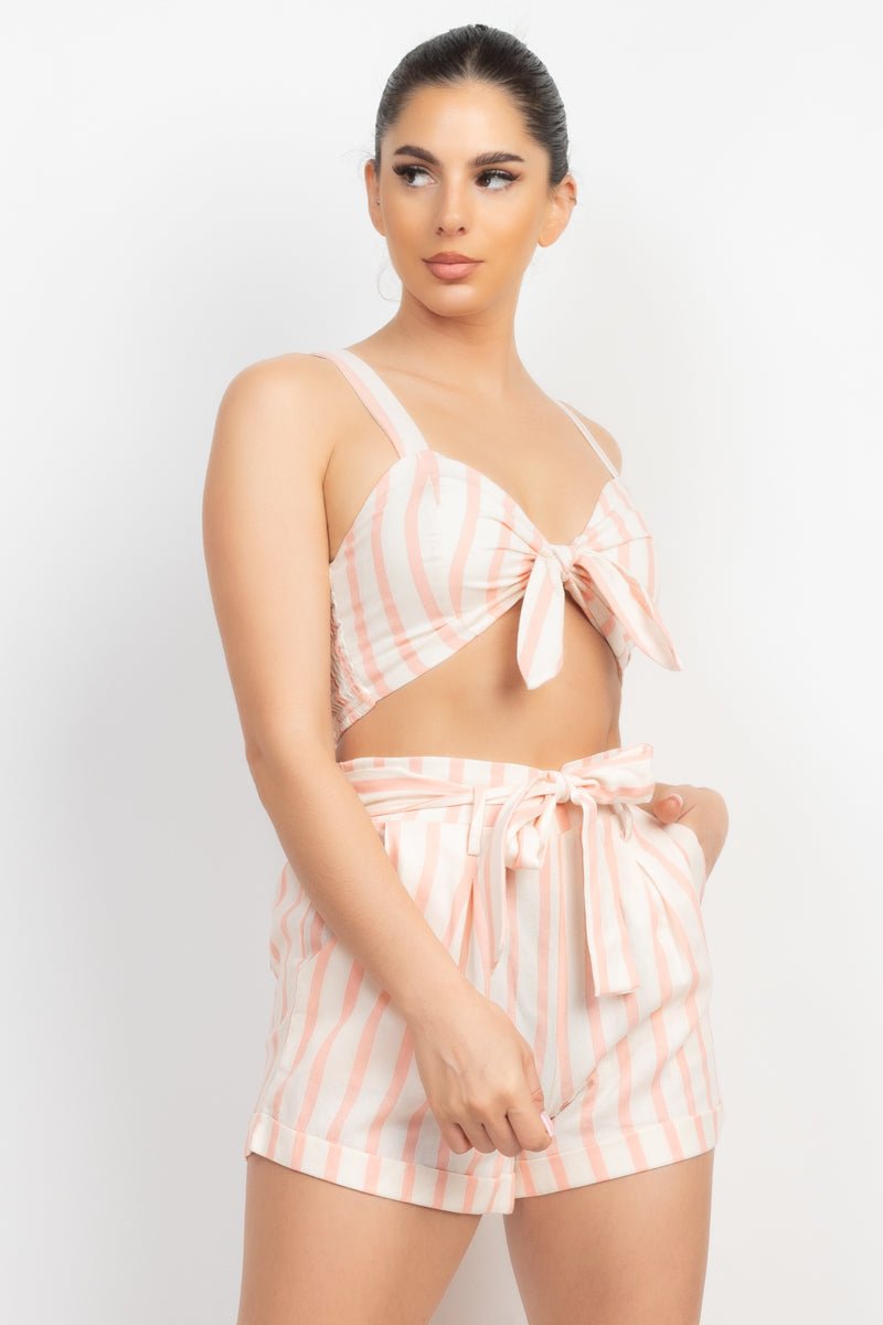 Cotton Tie-front Striped Crop Top & Belted Shorts Set - Cherry Angel