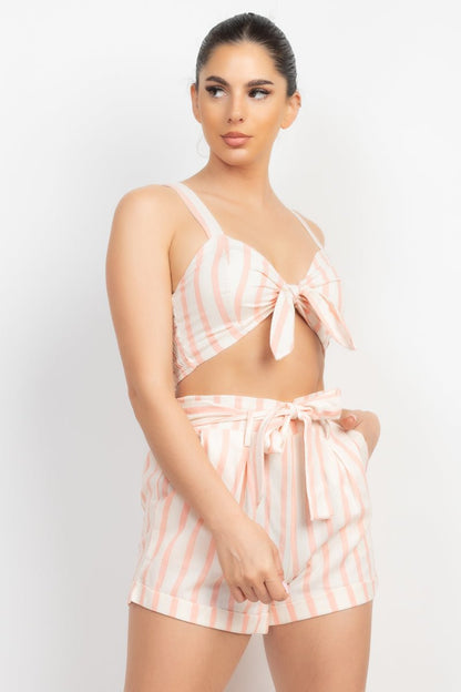 Cotton Tie-front Striped Crop Top & Belted Shorts Set - Cherry Angel