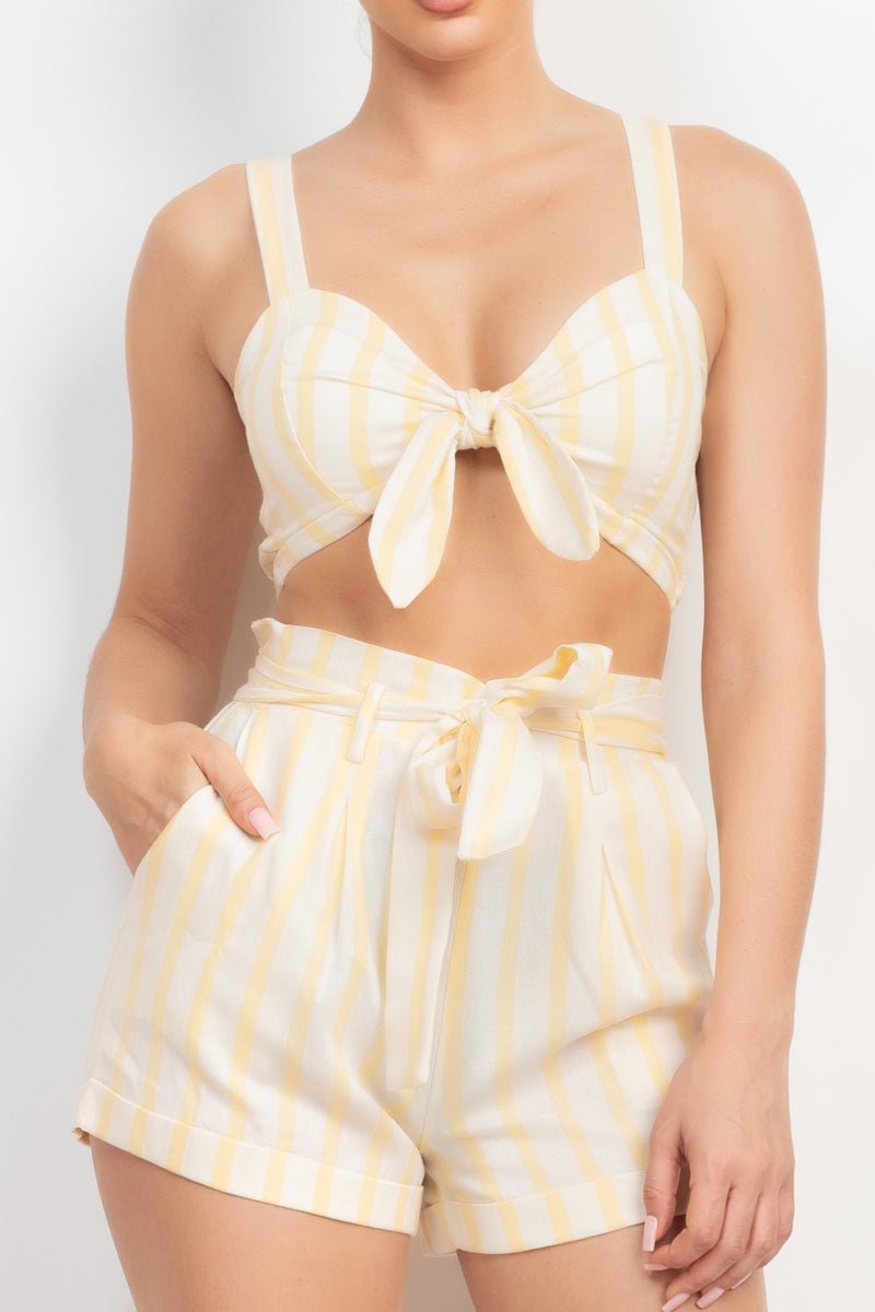 Cotton Tie-front Striped Crop Top & Belted Shorts Set - Cherry Angel