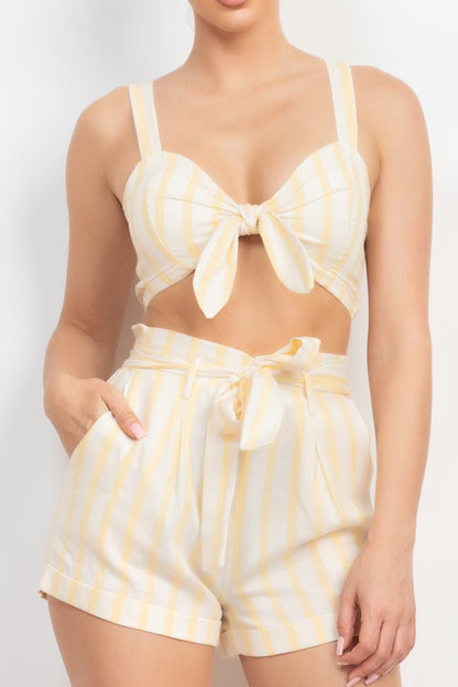 Cotton Tie-front Striped Crop Top & Belted Shorts Set - Cherry Angel