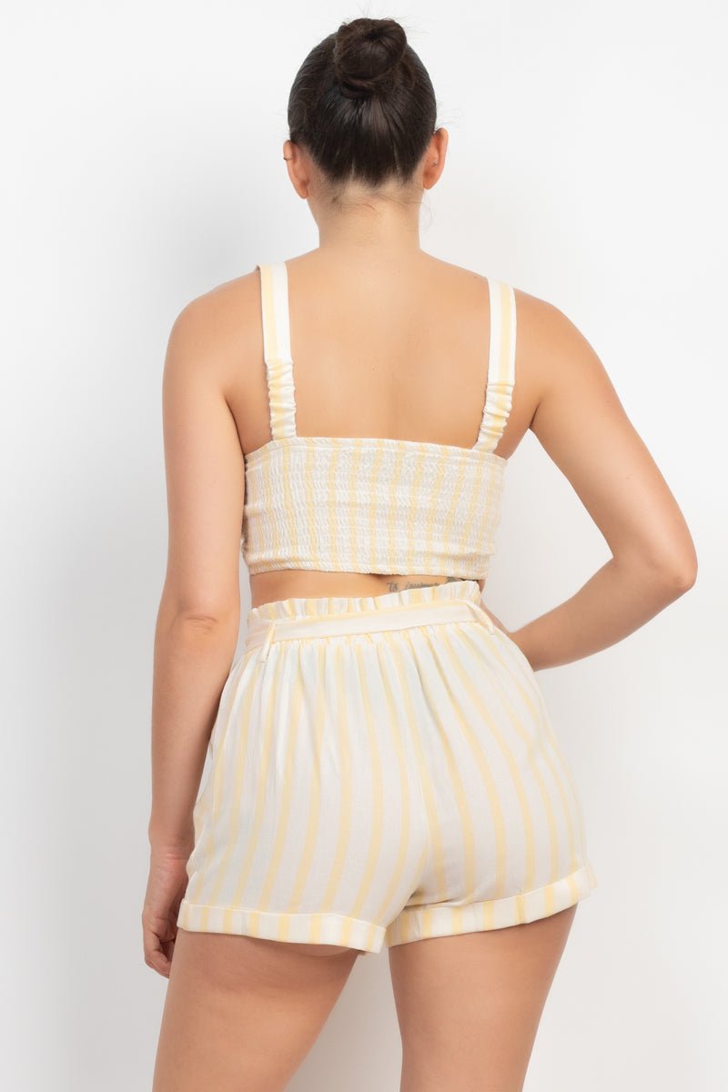 Cotton Tie-front Striped Crop Top & Belted Shorts Set - Cherry Angel