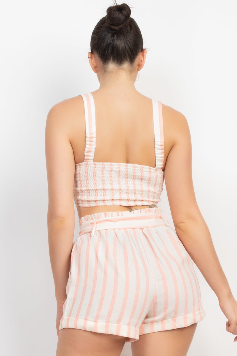 Cotton Tie-front Striped Crop Top & Belted Shorts Set - Cherry Angel