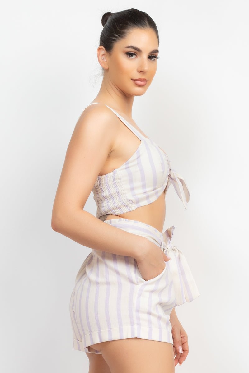 Cotton Tie-front Striped Crop Top & Belted Shorts Set - Cherry Angel