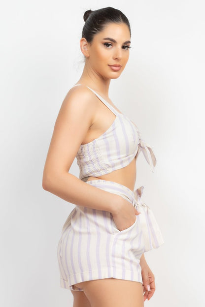 Cotton Tie-front Striped Crop Top & Belted Shorts Set - Cherry Angel