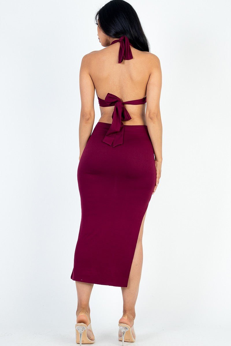 Cut-out Halter Neck Double Back Tie Split Thigh Midi Dress - Cherry Angel