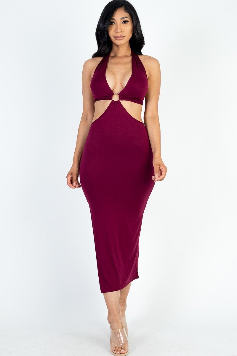Cut-out Halter Neck Double Back Tie Split Thigh Midi Dress - Cherry Angel