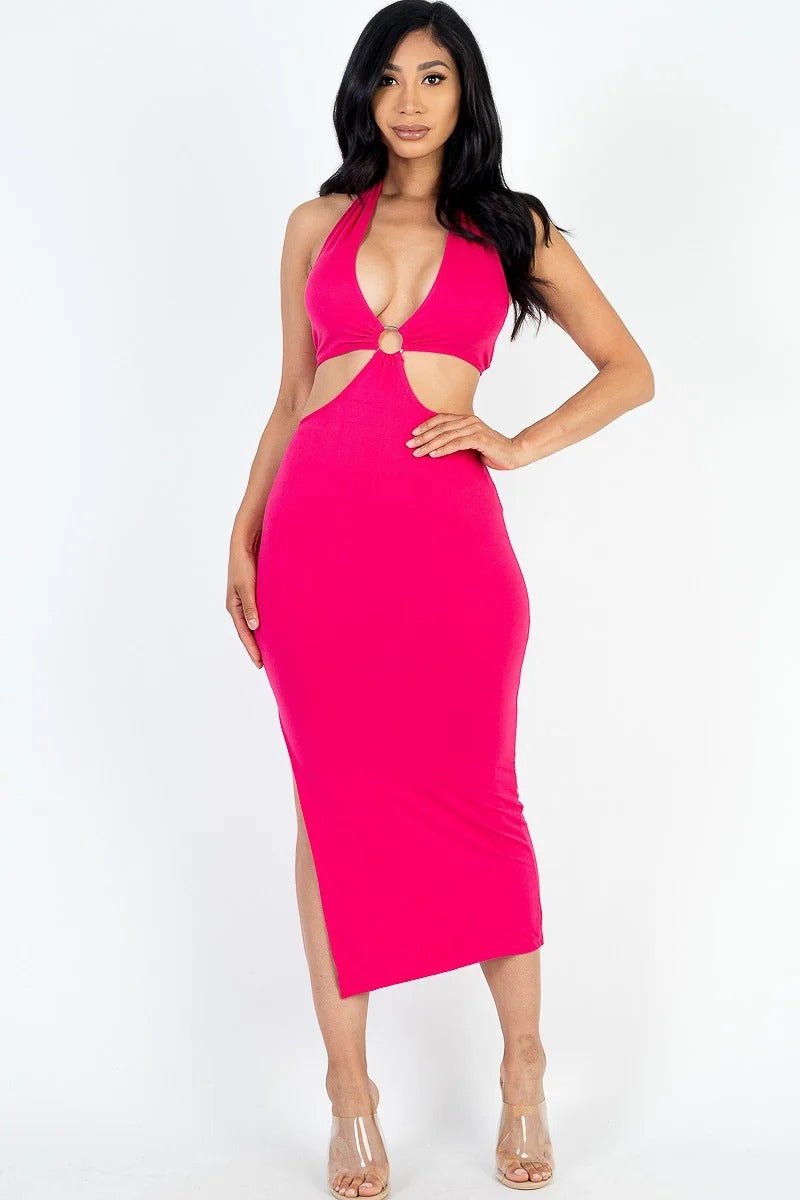 Cut-out Halter Neck Double Back Tie Split Thigh Midi Dress - Cherry Angel