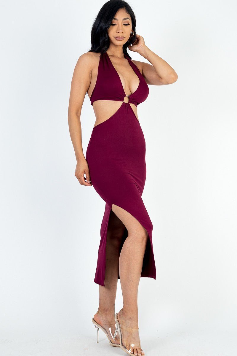 Cut-out Halter Neck Double Back Tie Split Thigh Midi Dress - Cherry Angel