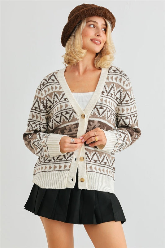 Fair Isle Knit Button-up Long Sleeve Cardigan Sweater - Cherry Angel