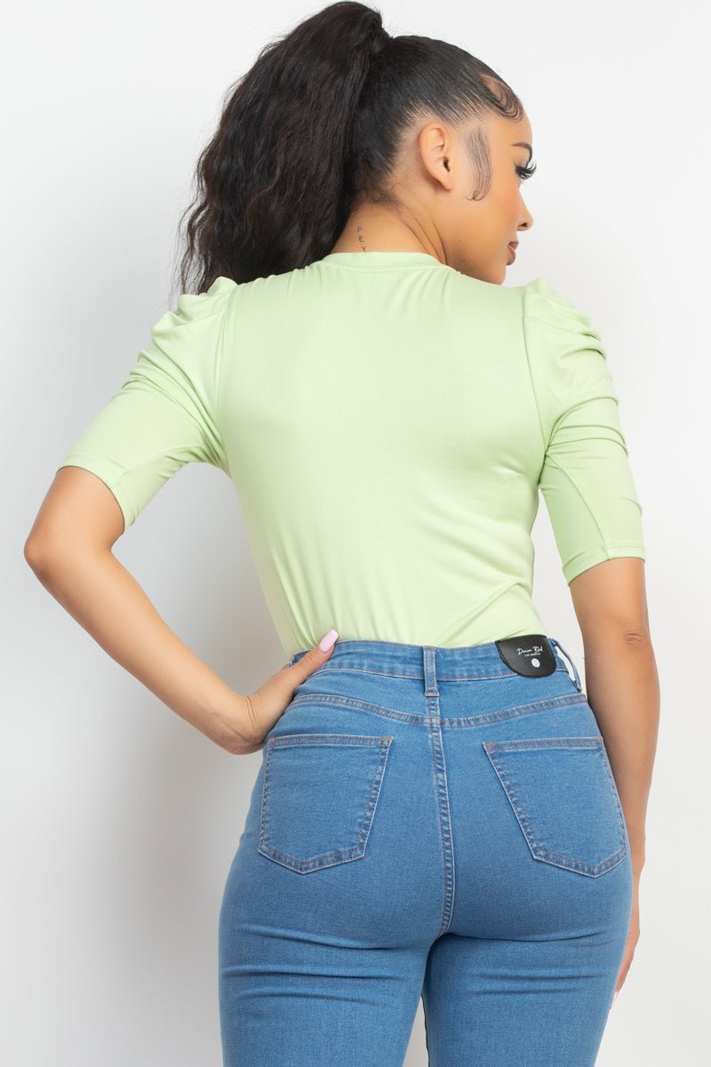 Fit Puff Sleeve Crew Neck Basic Top - Cherry Angel