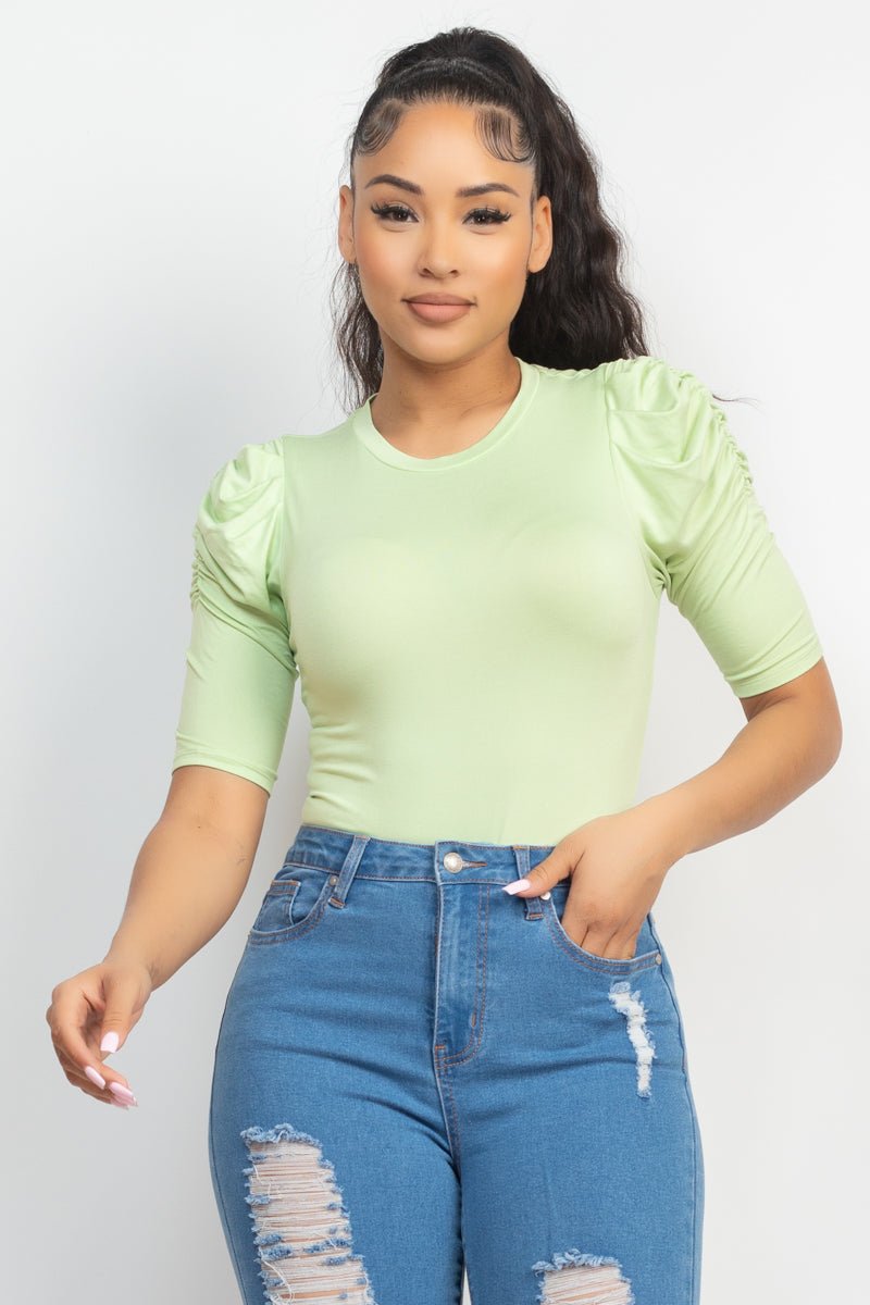Fit Puff Sleeve Crew Neck Basic Top - Cherry Angel