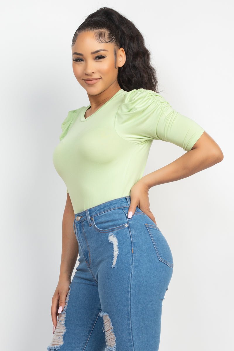 Fit Puff Sleeve Crew Neck Basic Top - Cherry Angel