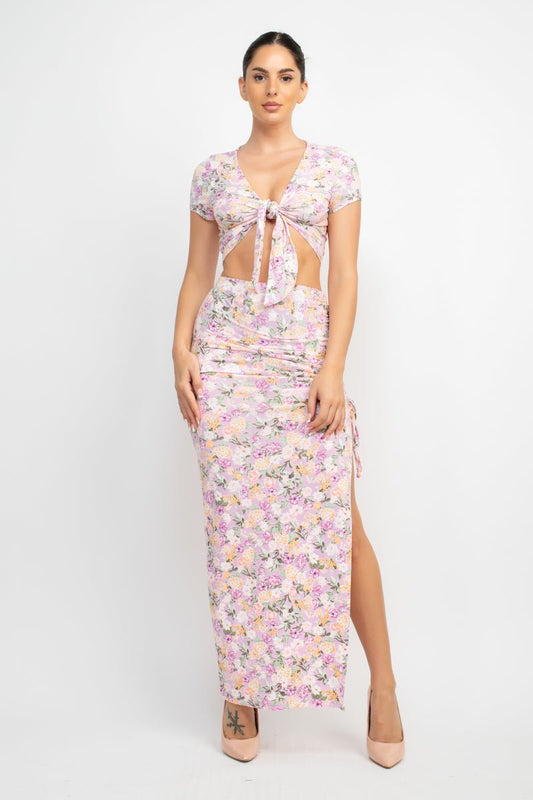 Front Knot Floral Top & Ruched Maxi Skirts Set - Cherry Angel