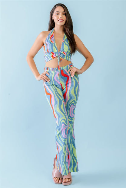 Groovy Print Halter V-neck Crop Top & High Waist Pants Set - Cherry Angel