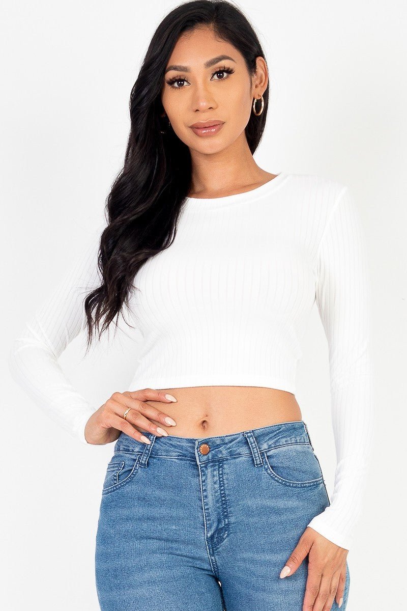 Long Sleeve Round Neck Basic Crop Top - Cherry Angel