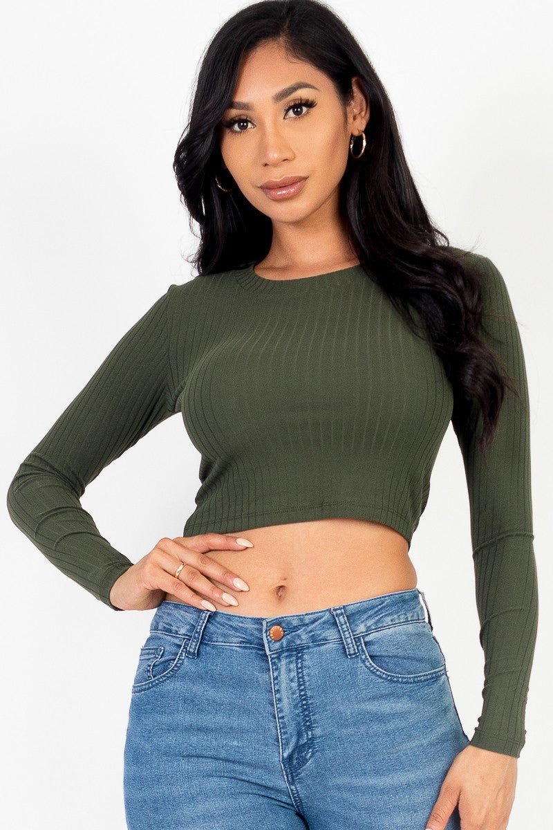 Long Sleeve Round Neck Basic Crop Top - Cherry Angel