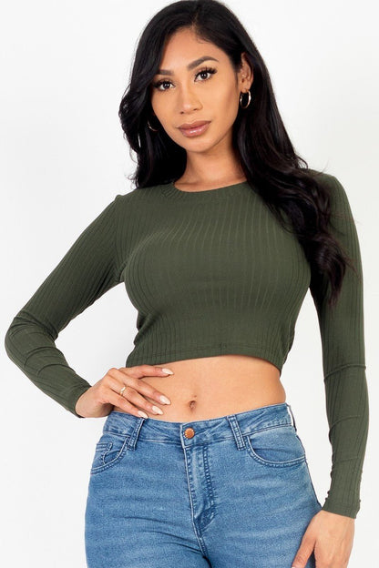 Long Sleeve Round Neck Basic Crop Top - Cherry Angel