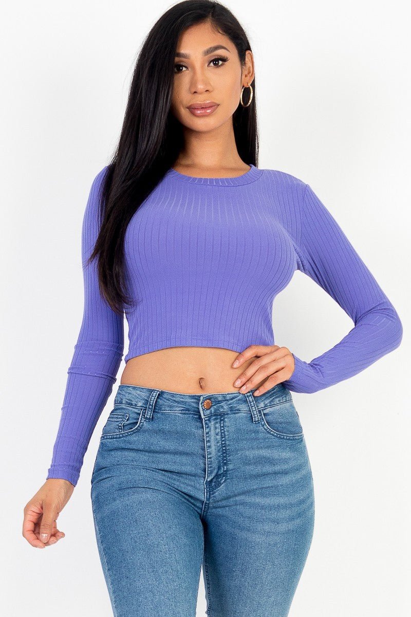 Long Sleeve Round Neck Basic Crop Top - Cherry Angel