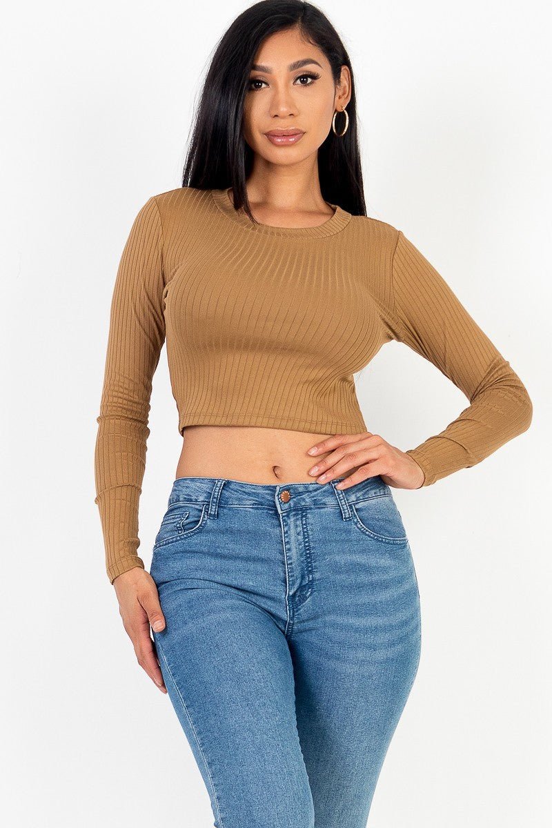 Long Sleeve Round Neck Basic Crop Top - Cherry Angel