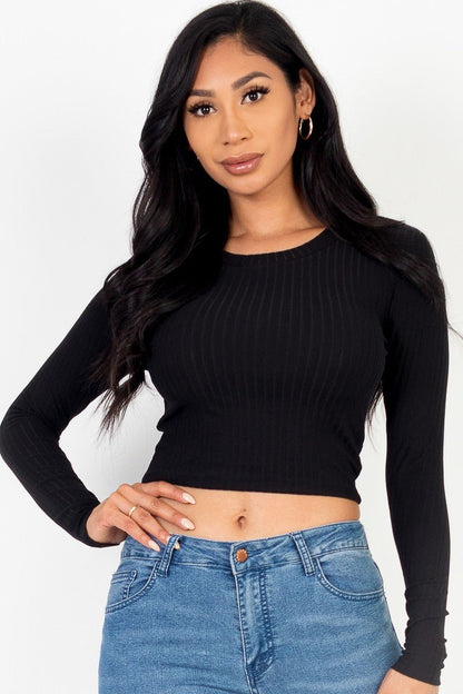 Long Sleeve Round Neck Basic Crop Top - Cherry Angel