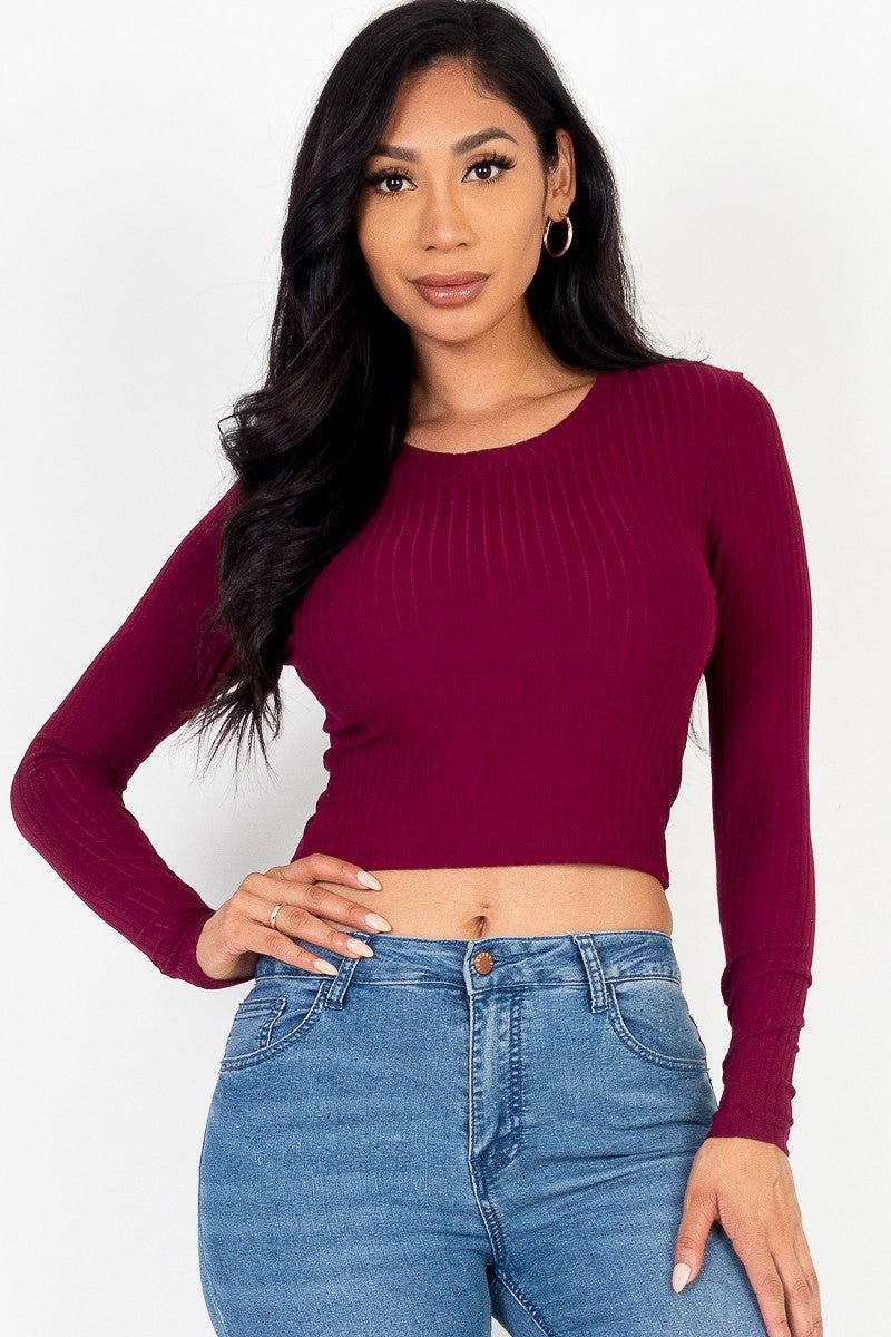 Long Sleeve Round Neck Basic Crop Top - Cherry Angel